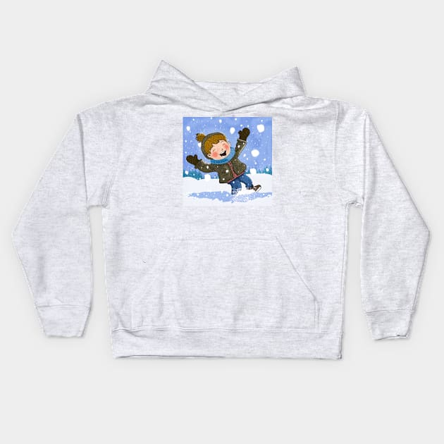 Boy Having Fun In Snow Kids Hoodie by IstoriaDesign